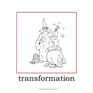 transformation theme icon with a line drawing of a wizard holding a wand in front of a boiling cauldron